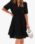 Women's Casual Eyelet Midi Dress with Notched V-Neck and Tiered Skirt