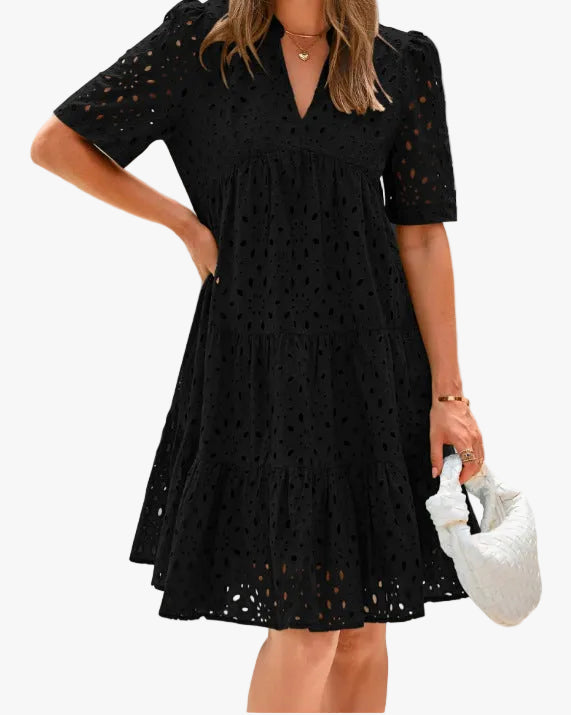 Women's Casual Eyelet Midi Dress with Notched V-Neck and Tiered Skirt