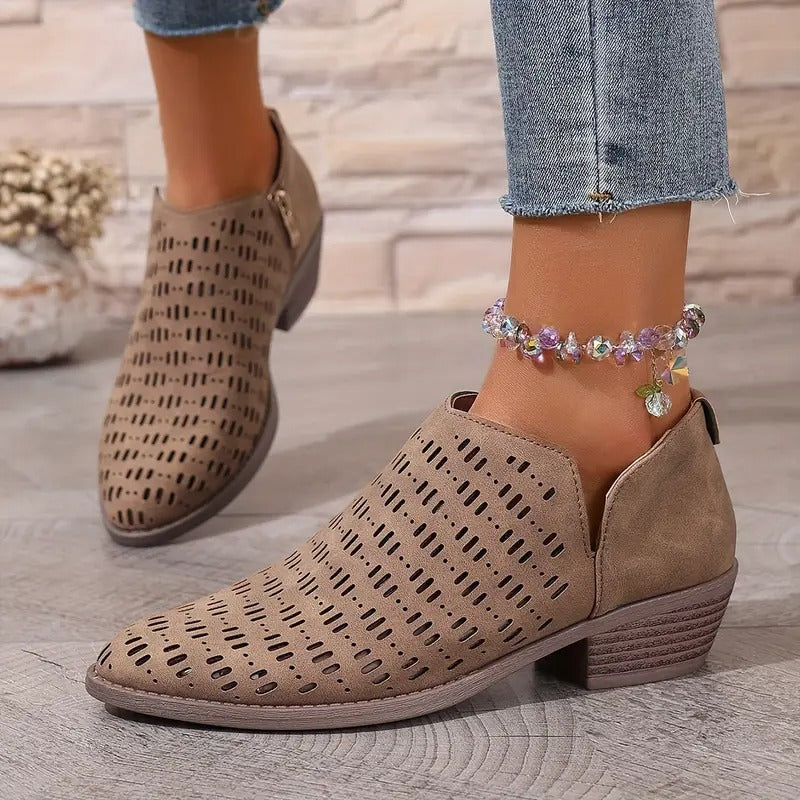 Women's Casual Faux Suede Boots with Perforations and Side Zipper