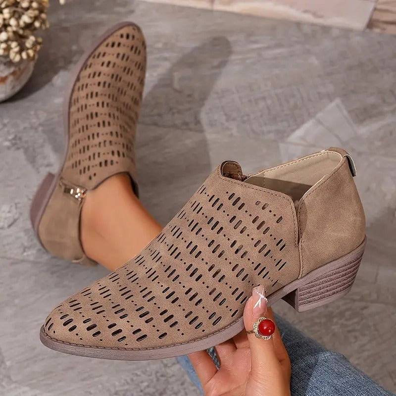 Women's Casual Faux Suede Boots with Perforations and Side Zipper