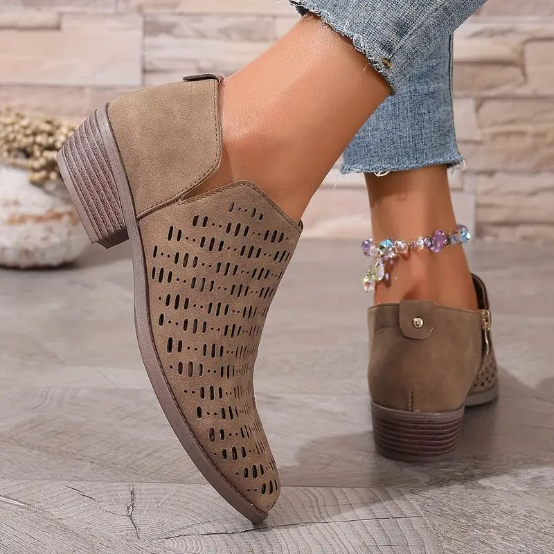 Women's Casual Faux Suede Boots with Perforations and Side Zipper