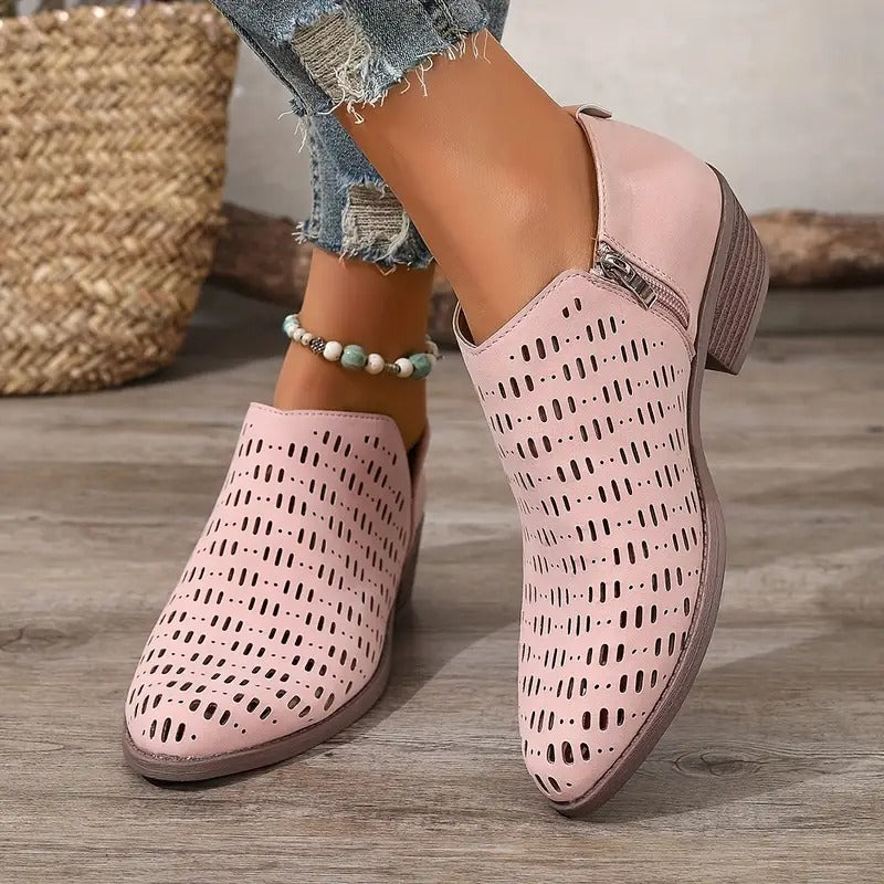 Women's Casual Faux Suede Boots with Perforations and Side Zipper