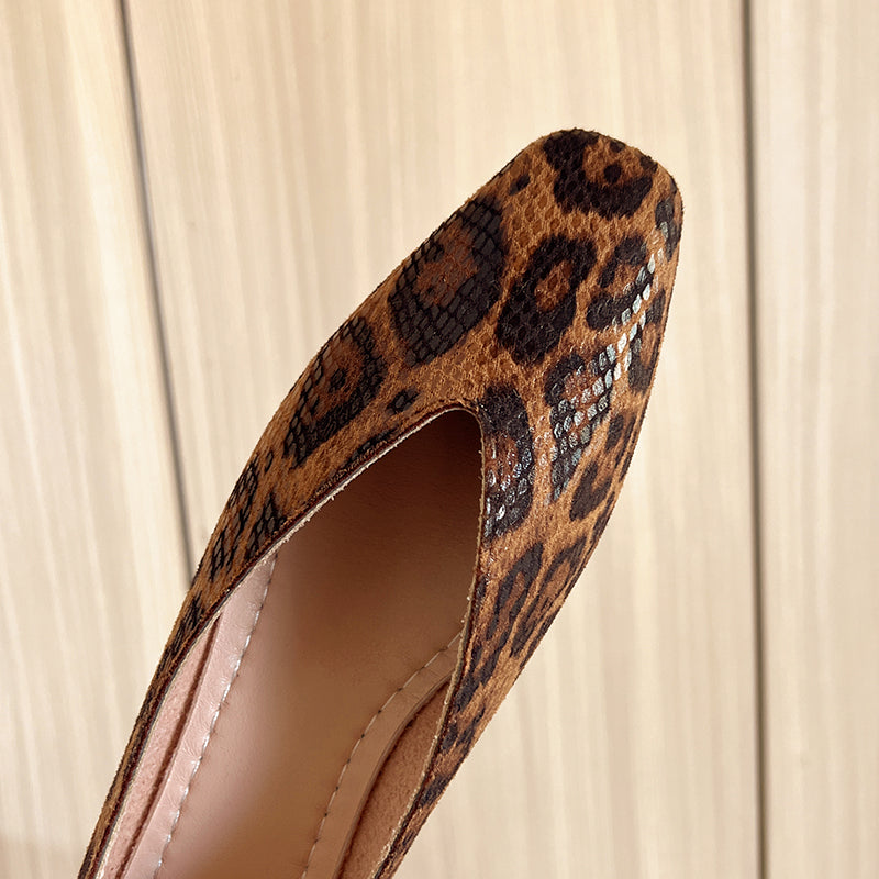 Women's Casual Faux Suede Loafers with Animal Print and Square Toe