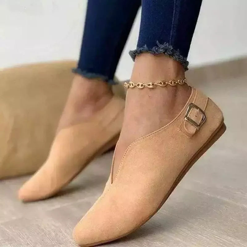 Women's Casual Faux Suede Loafers with Pointed Toe and Buckle