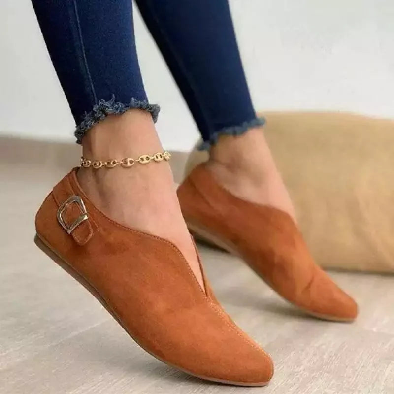Women's Casual Faux Suede Loafers with Pointed Toe and Buckle