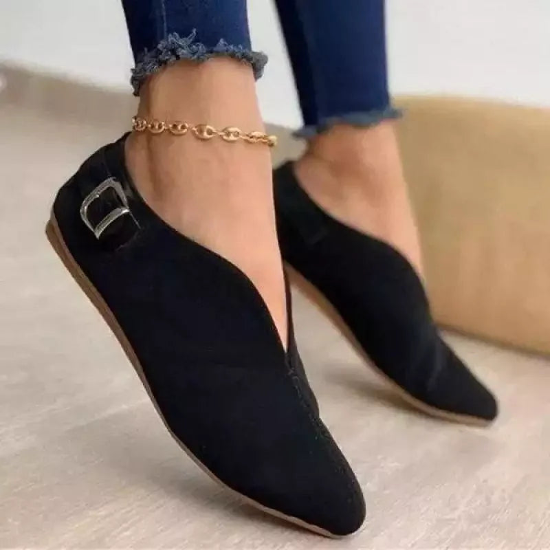 Women's Casual Faux Suede Loafers with Pointed Toe and Buckle