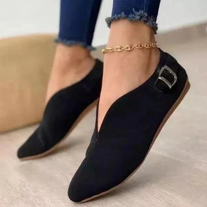 Women's Casual Faux Suede Loafers with Pointed Toe and Buckle