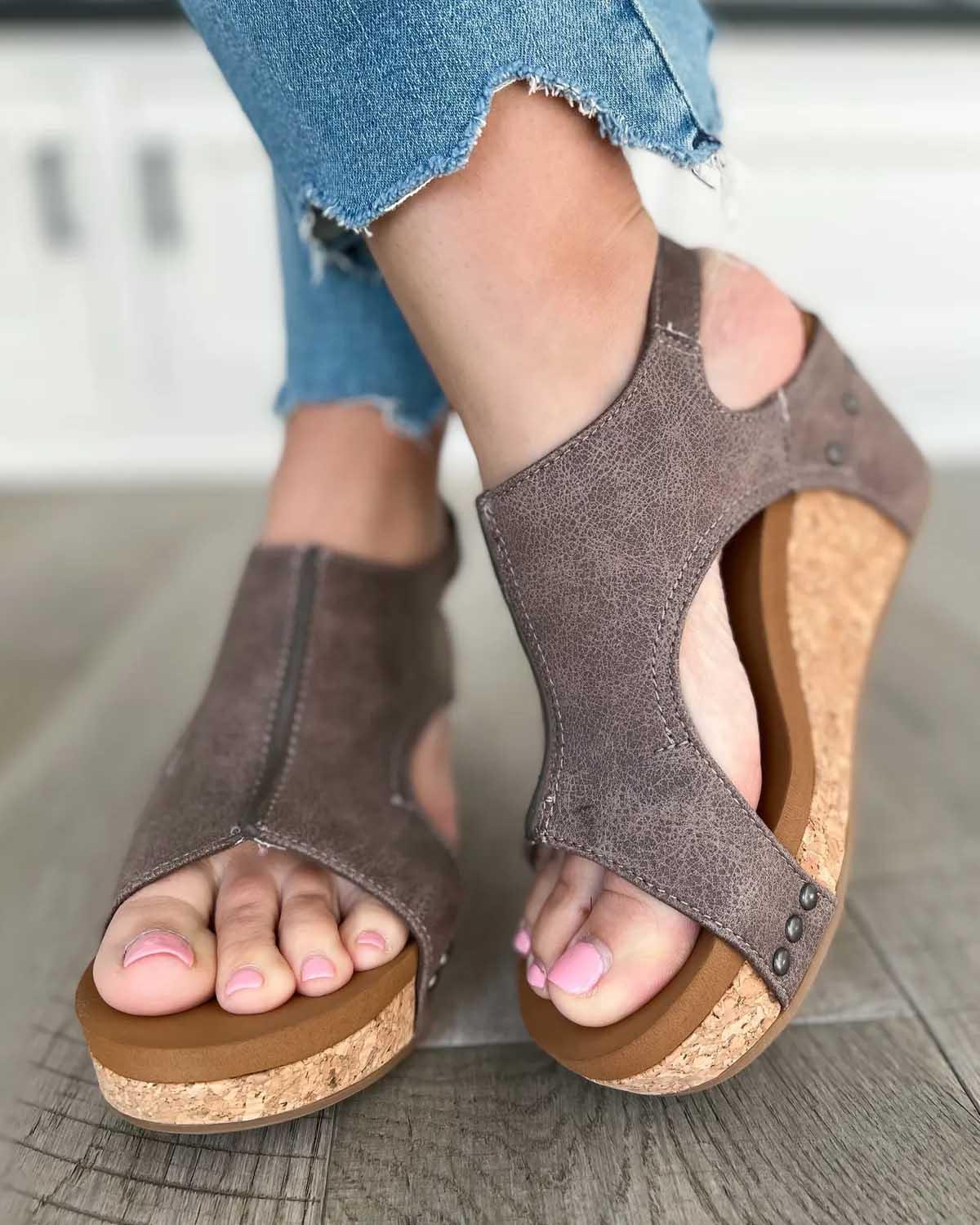 Women's Casual Faux Upper Wedge Sandals with Slingback Strap and Studs
