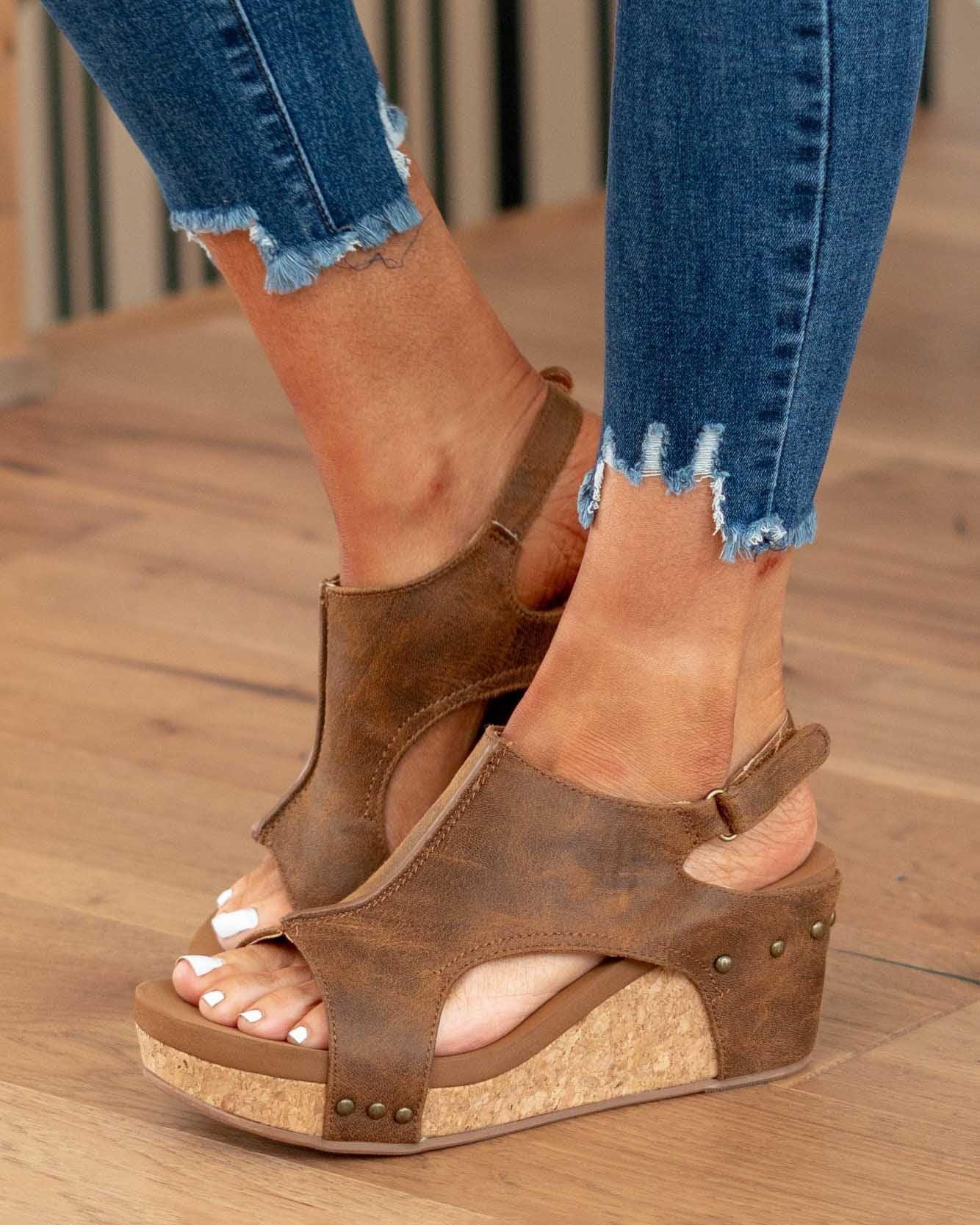 Women's Casual Faux Upper Wedge Sandals with Slingback Strap and Studs