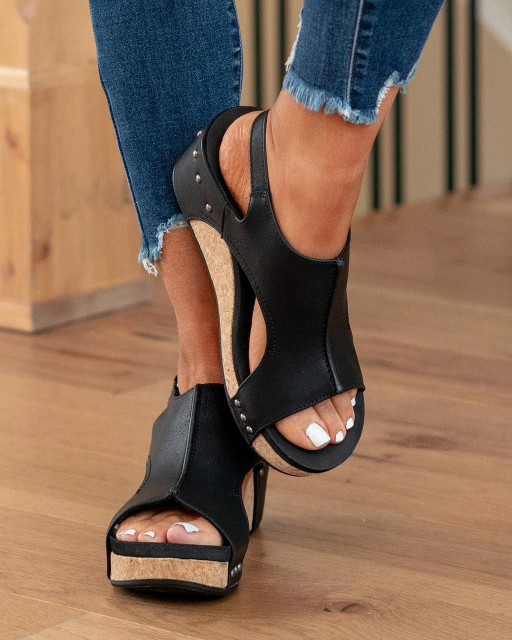 Women's Casual Faux Upper Wedge Sandals with Slingback Strap and Studs