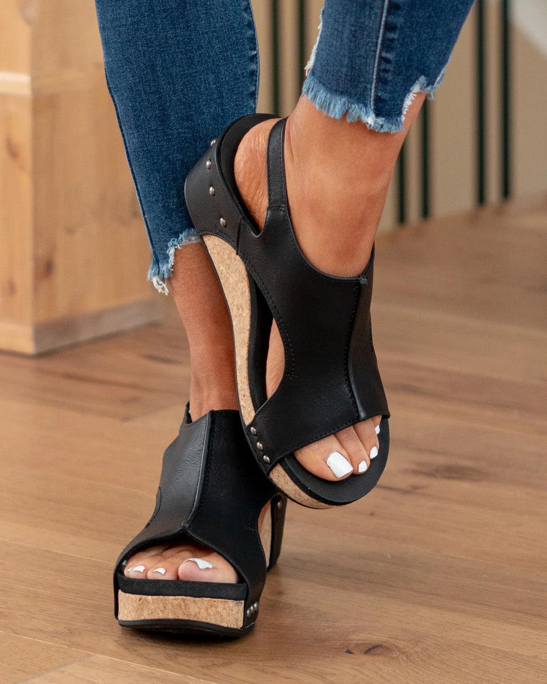 Women's Casual Faux Upper Wedge Sandals with Slingback Strap and Studs