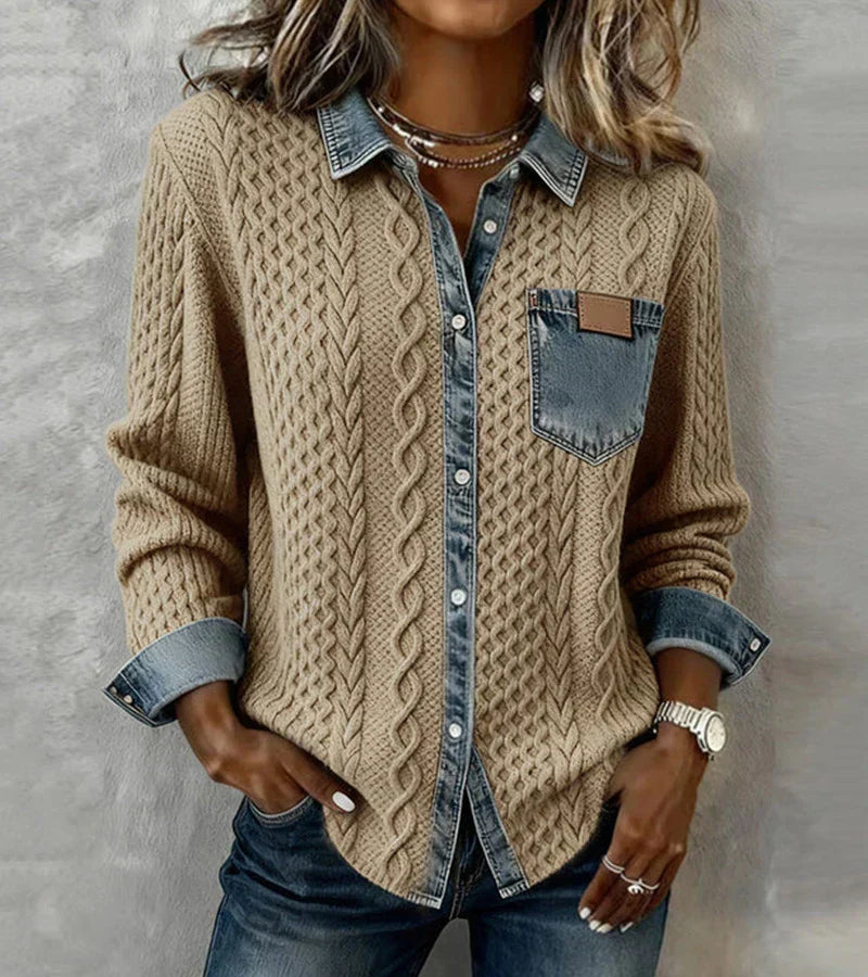 Women's Casual Knit Blouse with Button Front and Chest Pocket