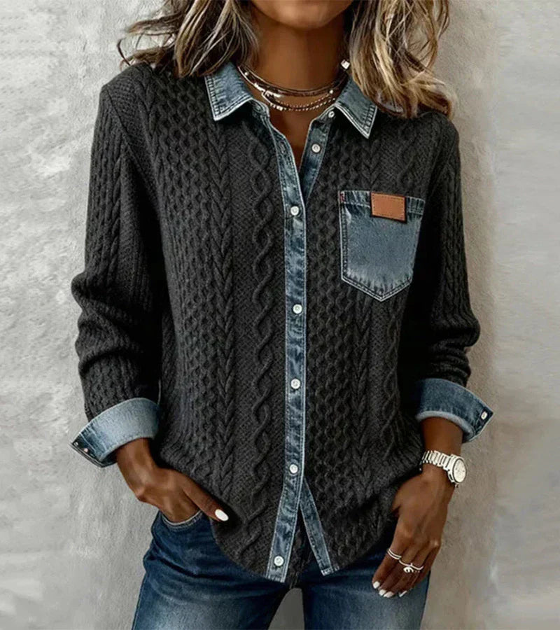 Women's Casual Knit Blouse with Button Front and Chest Pocket
