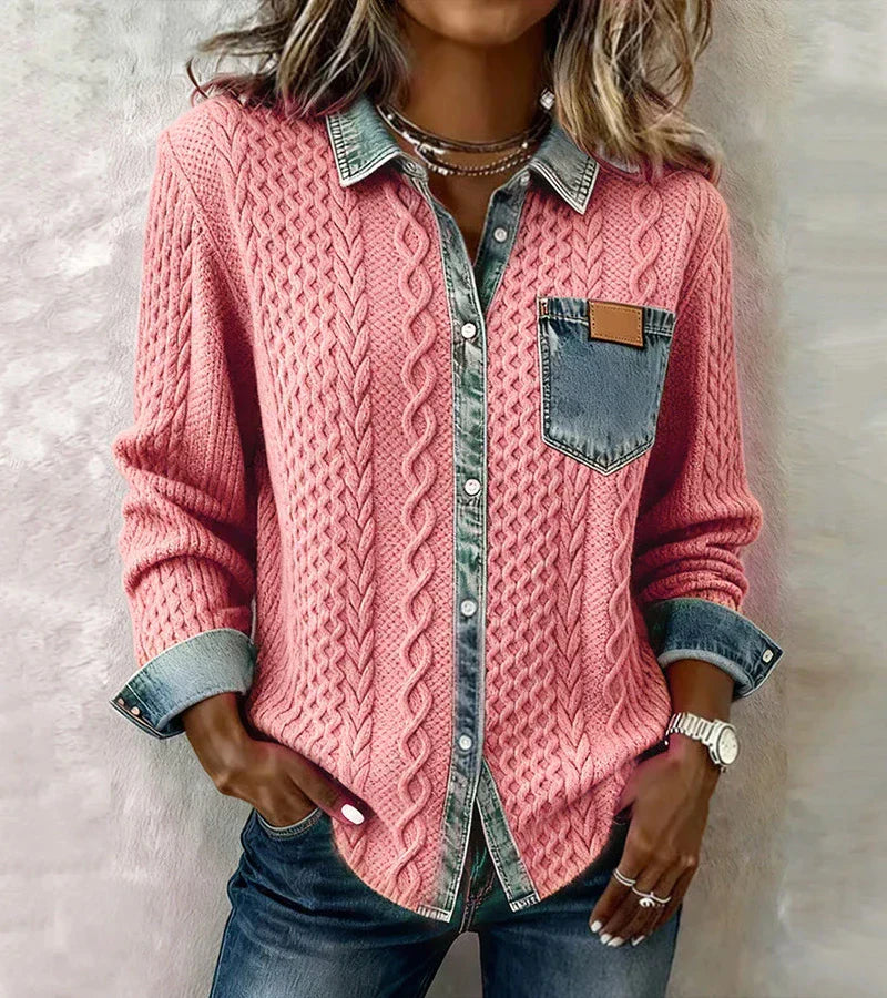 Women's Casual Knit Blouse with Button Front and Chest Pocket