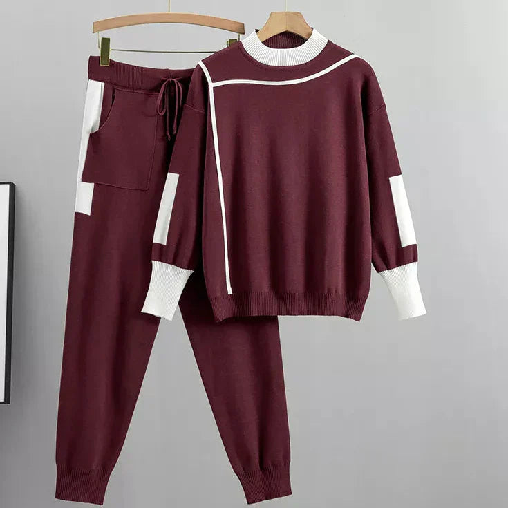 Women's Casual Knit Set with Mock Neck Top and Drawstring Joggers