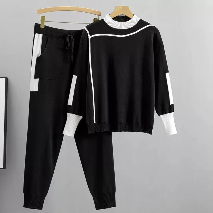 Women's Casual Knit Set with Mock Neck Top and Drawstring Joggers