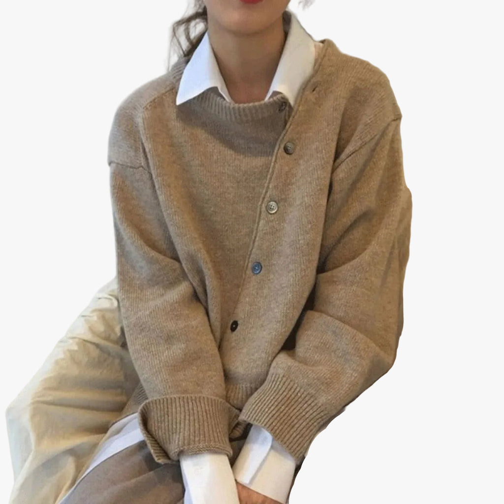 Women's Casual Knit Sweater with Off-Center Buttons and Ribbed Trim