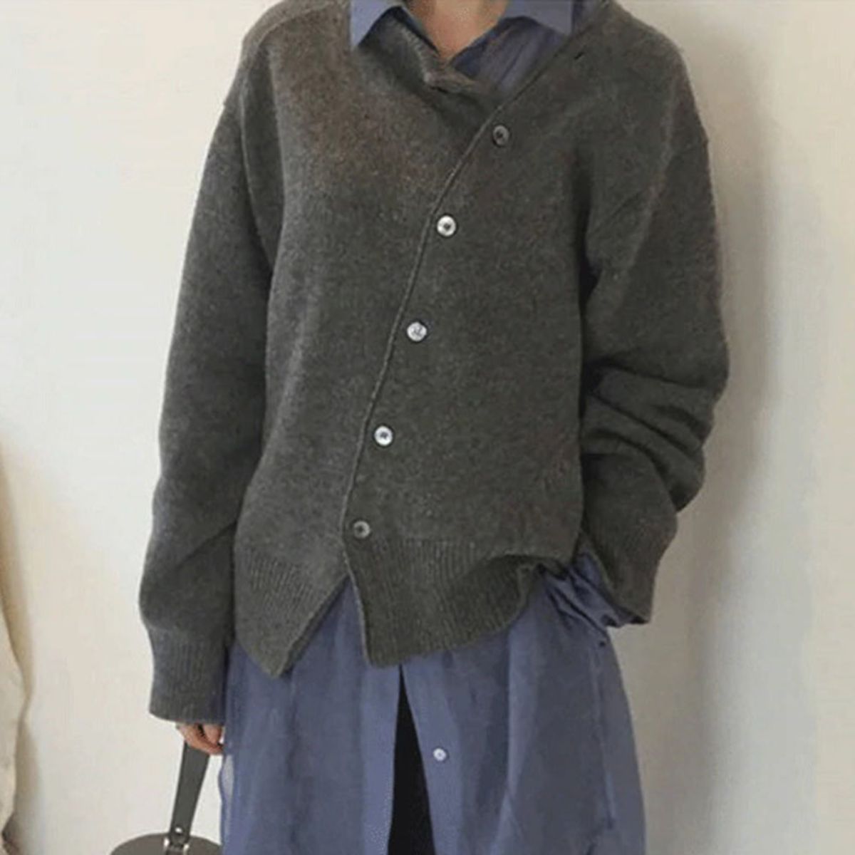 Women's Casual Knit Sweater with Off-Center Buttons and Ribbed Trim