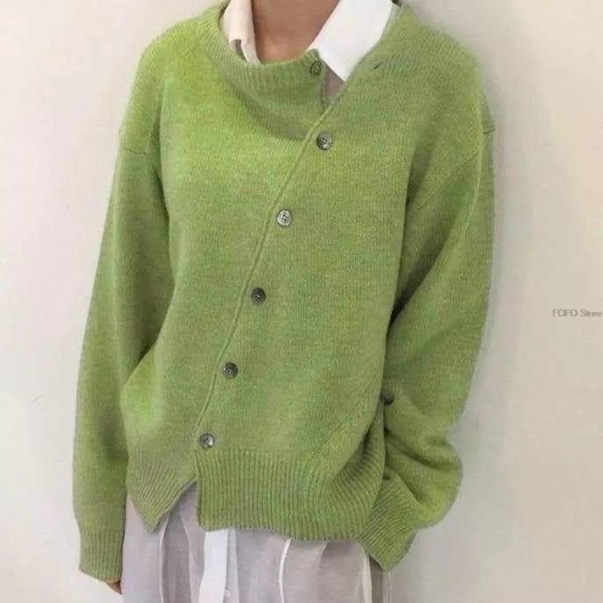 Women's Casual Knit Sweater with Off-Center Buttons and Ribbed Trim