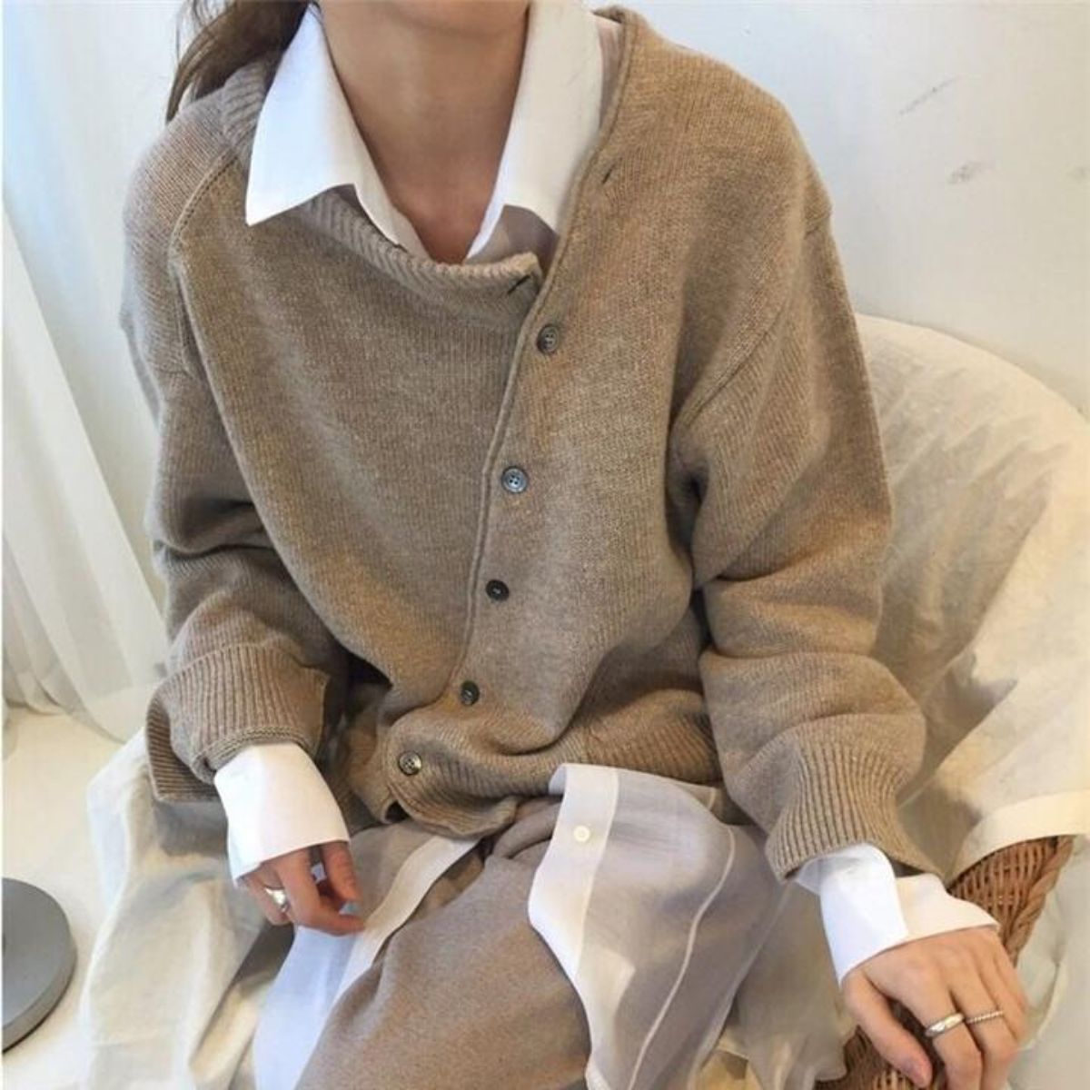 Women's Casual Knit Sweater with Off-Center Buttons and Ribbed Trim