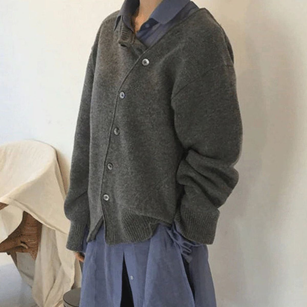 Women's Casual Knit Sweater with Off-Center Buttons and Ribbed Trim
