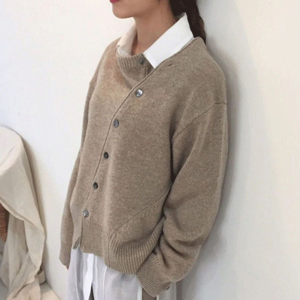 Women's Casual Knit Sweater with Off-Center Buttons and Ribbed Trim