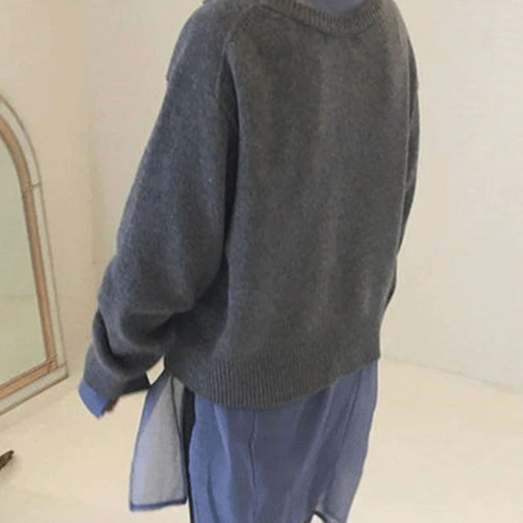 Women's Casual Knit Sweater with Off-Center Buttons and Ribbed Trim