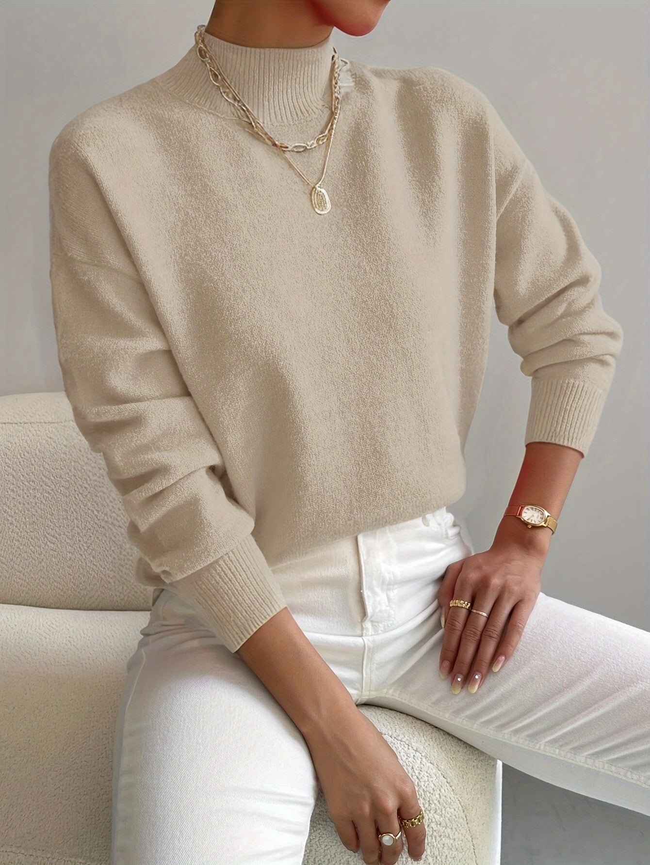 Women's Casual Knit Sweater with Turtleneck and Ribbed Trim
