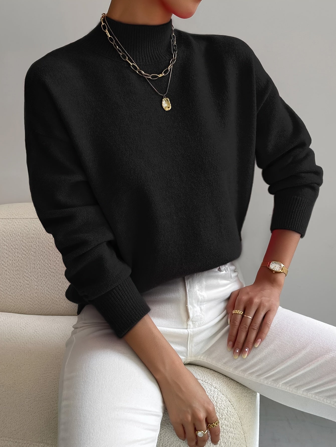 Women's Casual Knit Sweater with Turtleneck and Ribbed Trim