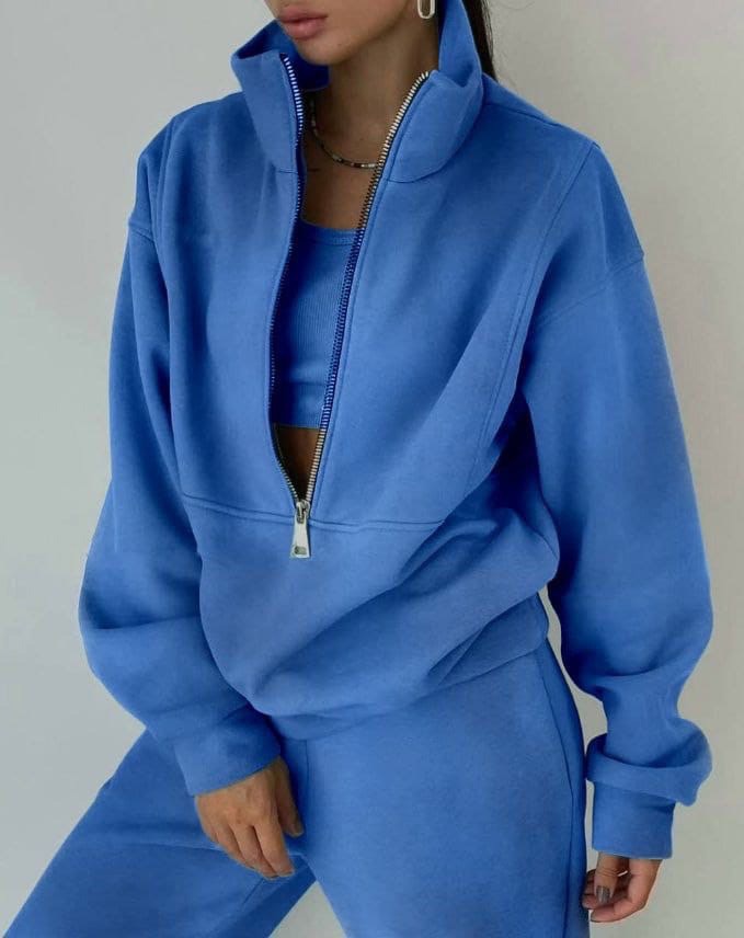 Women's Casual Knit Tracksuit with Half-Zip Collar and Cuffed Joggers