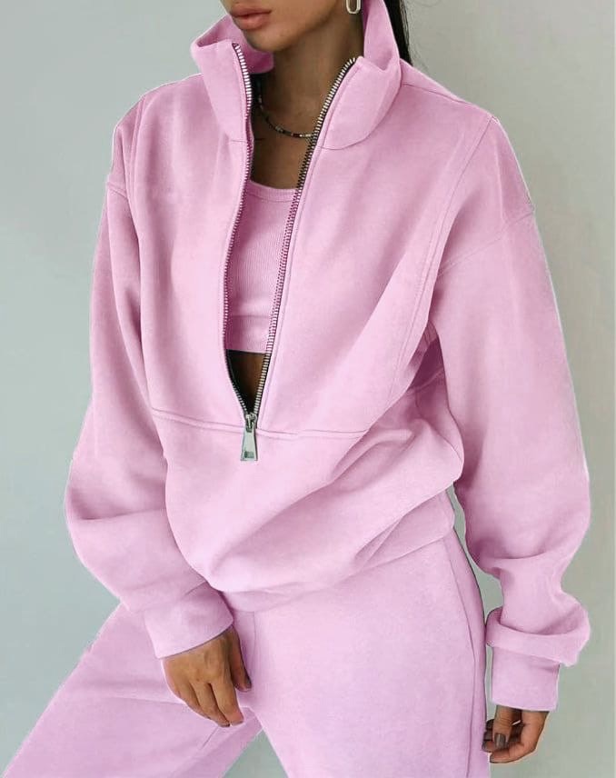 Women's Casual Knit Tracksuit with Half-Zip Collar and Cuffed Joggers