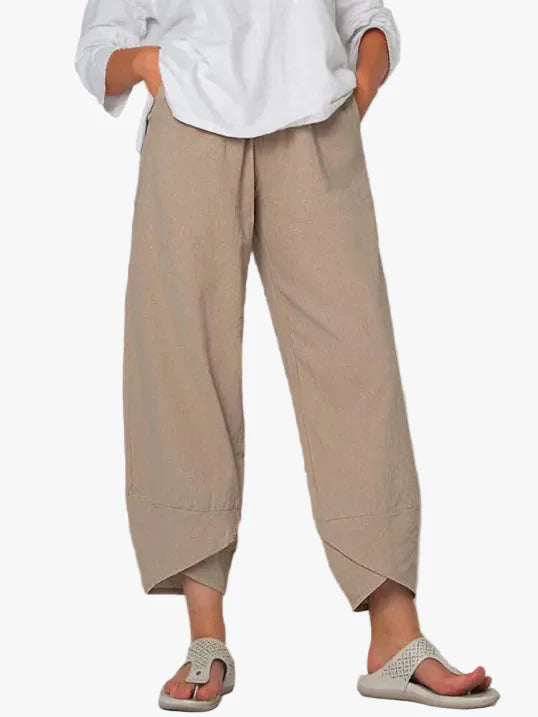 Women's Casual Linen-Blend Pants with Pull-On Waist and Overlap Hem