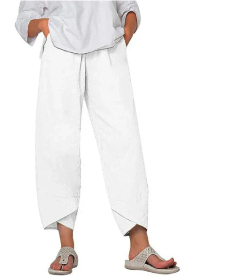 Women's Casual Linen-Blend Pants with Pull-On Waist and Overlap Hem