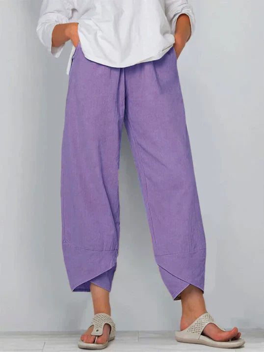 Women's Casual Linen-Blend Pants with Pull-On Waist and Overlap Hem