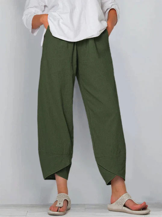 Women's Casual Linen-Blend Pants with Pull-On Waist and Overlap Hem