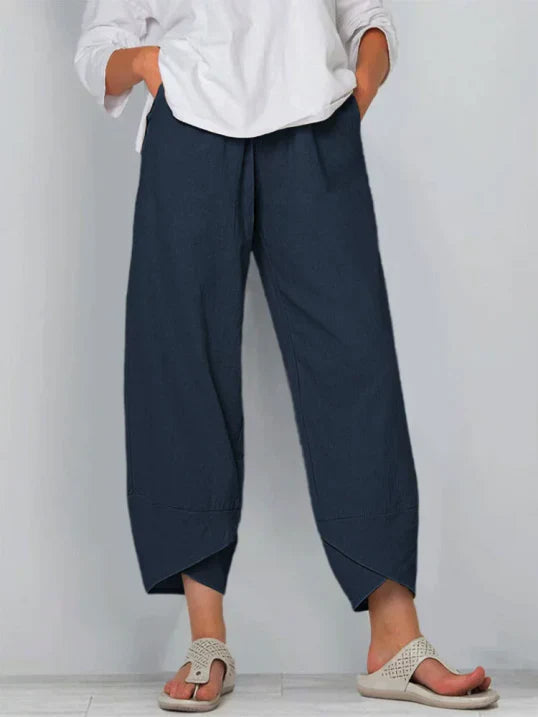 Women's Casual Linen-Blend Pants with Pull-On Waist and Overlap Hem