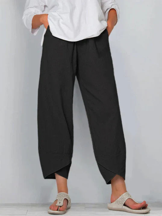 Women's Casual Linen-Blend Pants with Pull-On Waist and Overlap Hem