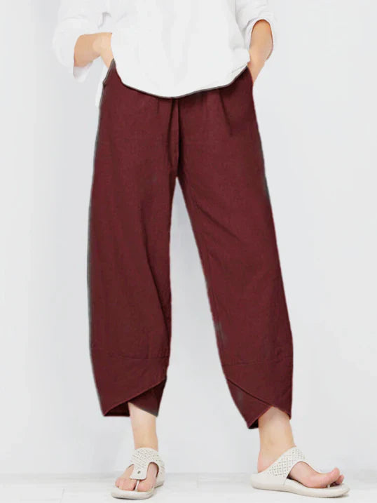 Women's Casual Linen-Blend Pants with Pull-On Waist and Overlap Hem