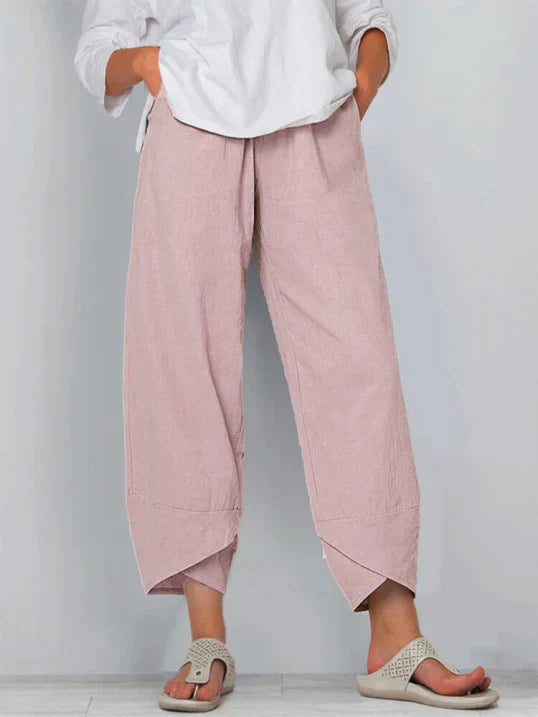 Women's Casual Linen-Blend Pants with Pull-On Waist and Overlap Hem