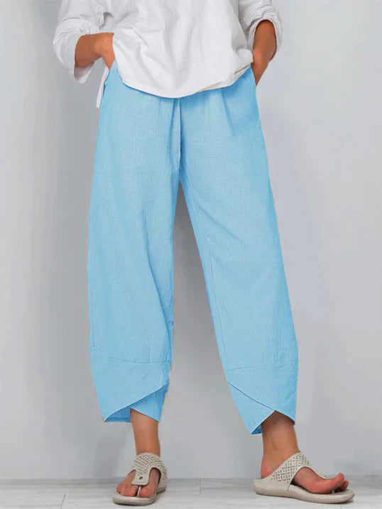 Women's Casual Linen-Blend Pants with Pull-On Waist and Overlap Hem