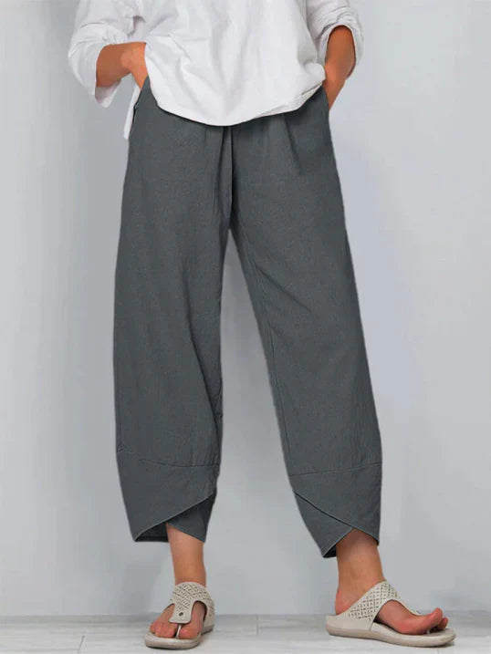 Women's Casual Linen-Blend Pants with Pull-On Waist and Overlap Hem