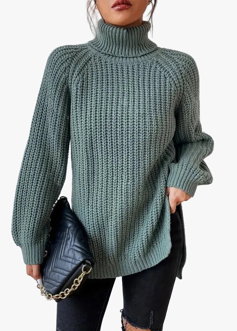 Women's Casual Rib Knit Sweater with Turtleneck and Raglan Sleeves