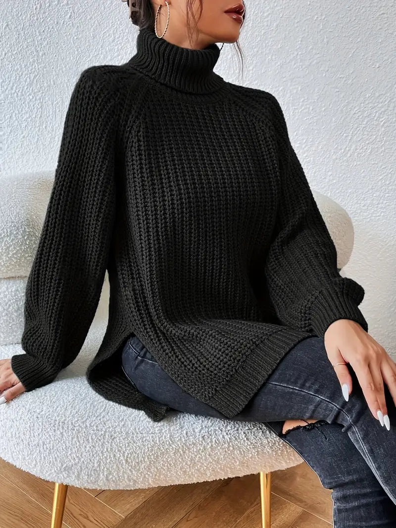 Women's Casual Rib Knit Sweater with Turtleneck and Raglan Sleeves