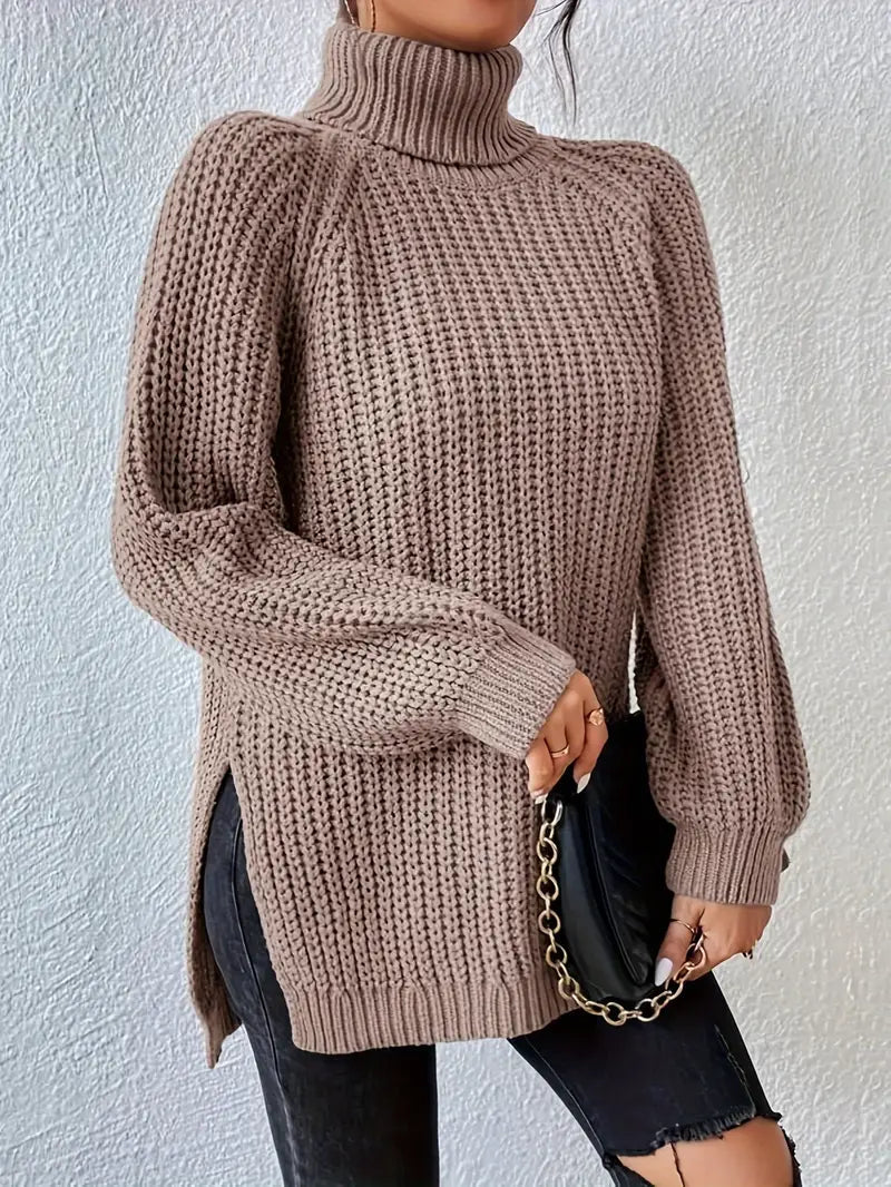 Women's Casual Rib Knit Sweater with Turtleneck and Raglan Sleeves