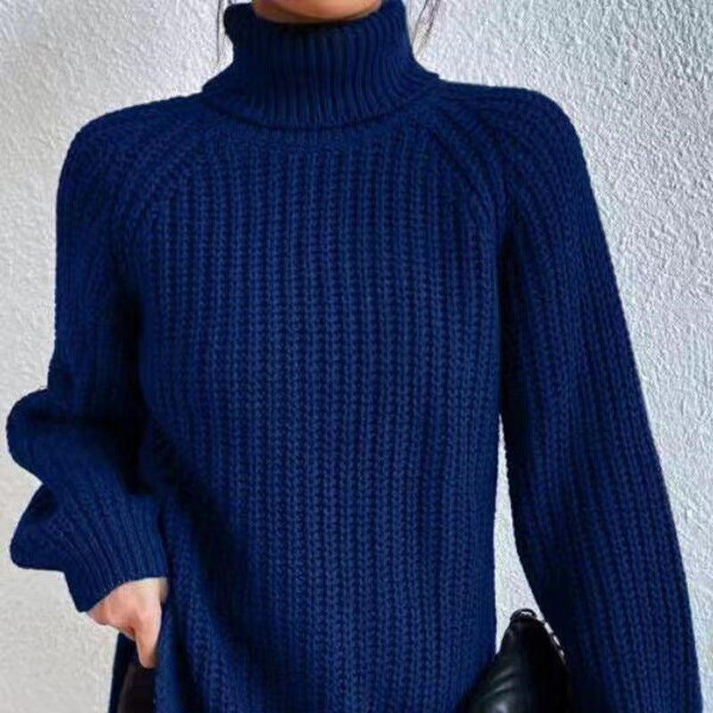 Women's Casual Rib Knit Sweater with Turtleneck and Raglan Sleeves