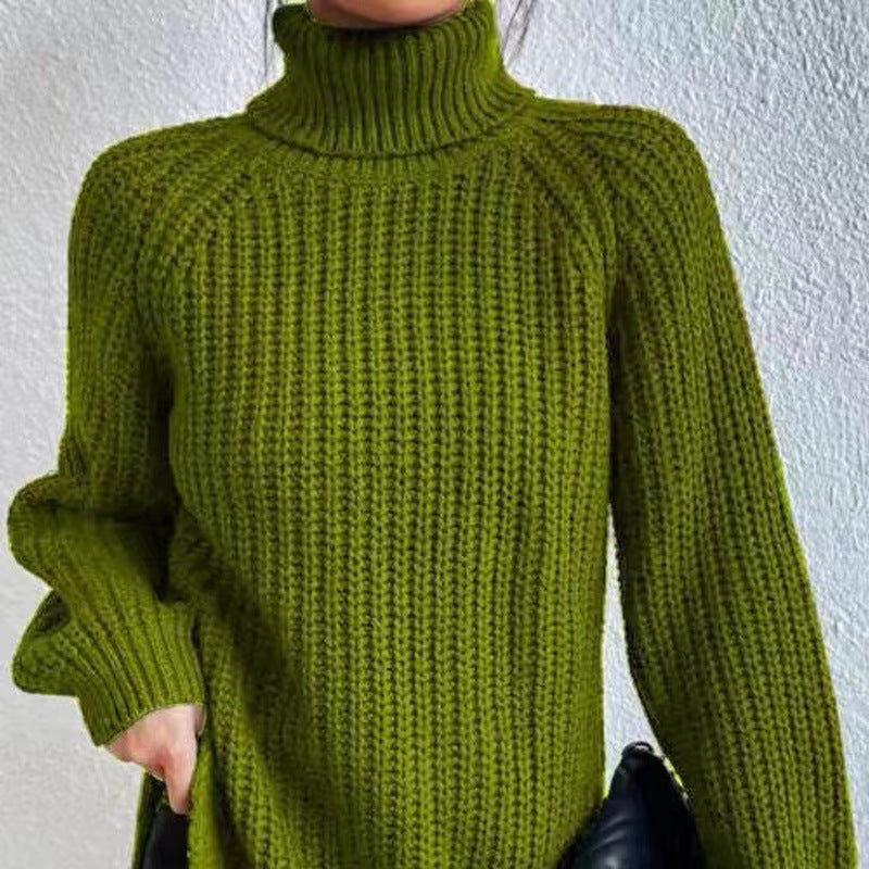 Women's Casual Rib Knit Sweater with Turtleneck and Raglan Sleeves
