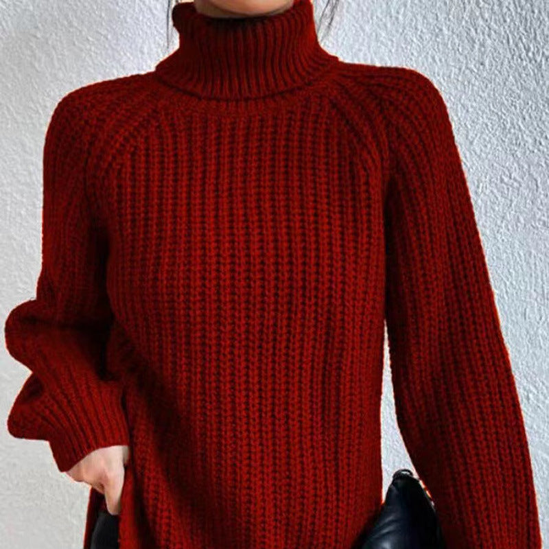 Women's Casual Rib Knit Sweater with Turtleneck and Raglan Sleeves