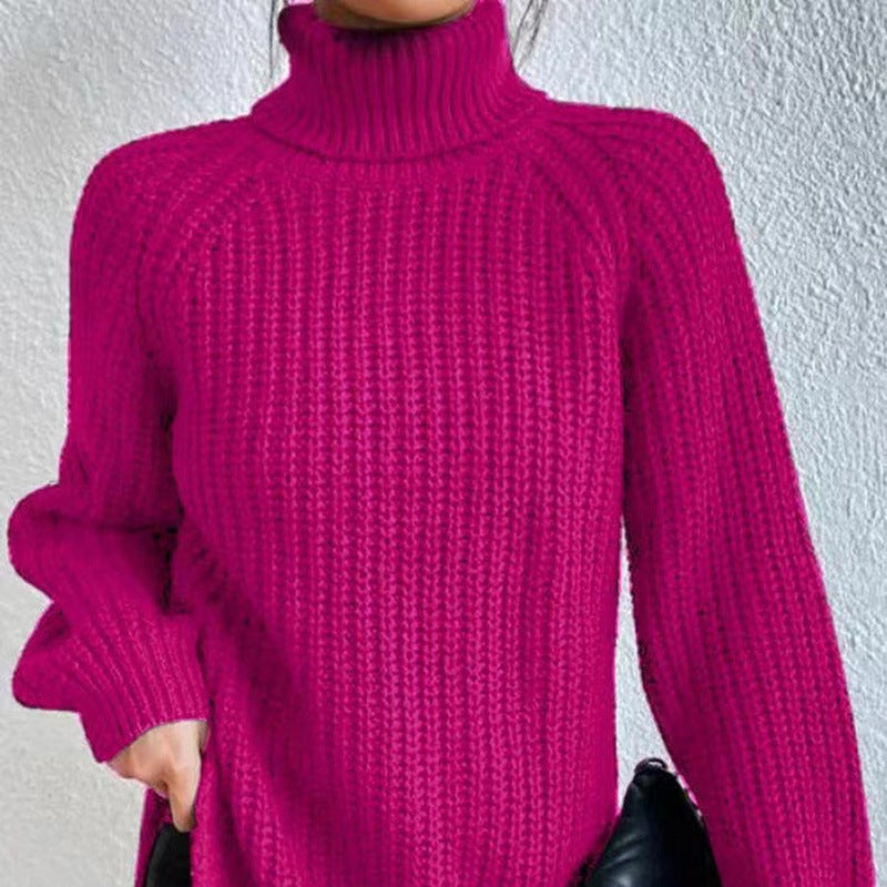 Women's Casual Rib Knit Sweater with Turtleneck and Raglan Sleeves