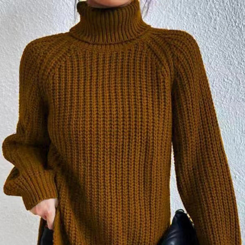 Women's Casual Rib Knit Sweater with Turtleneck and Raglan Sleeves