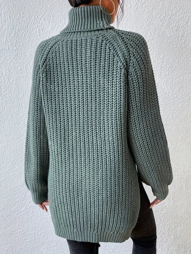 Women's Casual Rib Knit Sweater with Turtleneck and Raglan Sleeves